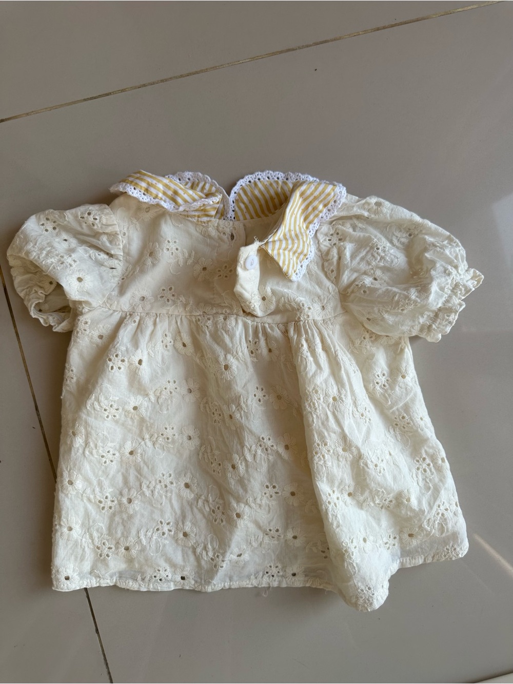 Girls' Cream Eyelet Short Sleeve Top with Yellow Stripe Collar
